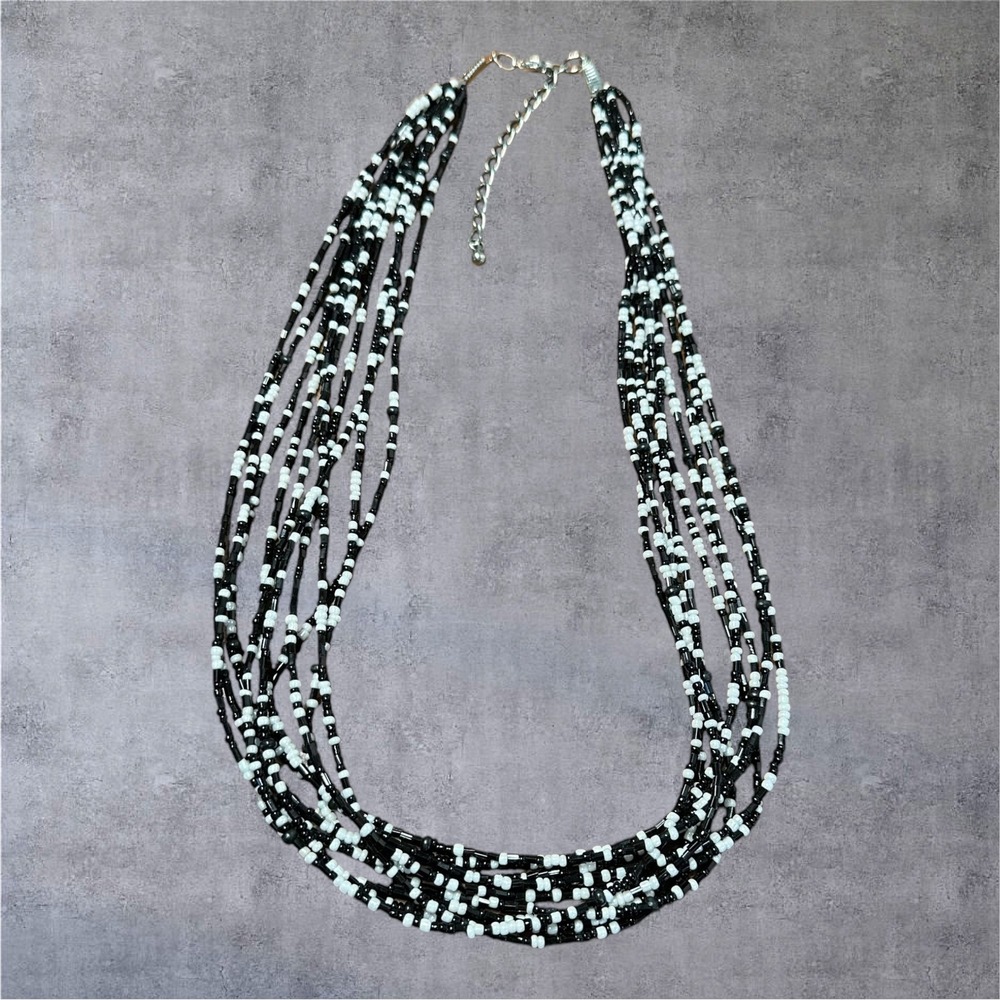 Multi Strand Necklace Black/White Seed Beaded Layered - Picture 2 of 5